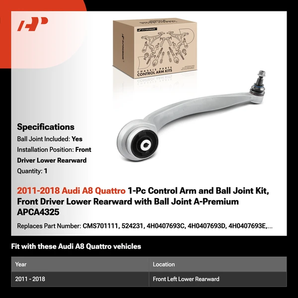 2011-2018 Audi A8 Quattro 1-Pc Control Arm and Ball Joint Kit, Front Driver Lower Rearward with Ball Joint A-Premium APCA4325
