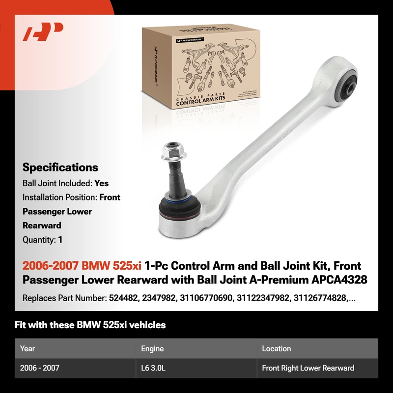 2006-2007 BMW 525xi 1-Pc Control Arm and Ball Joint Kit, Front Passenger Lower Rearward with Ball Joint A-Premium APCA4328
