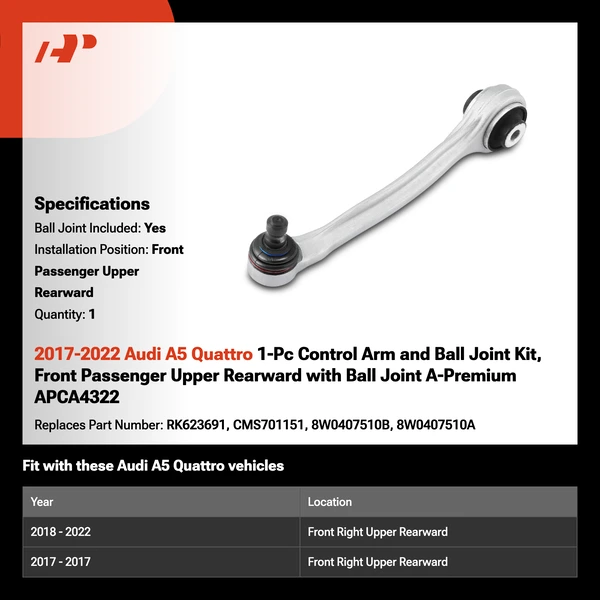 2017-2022 Audi A5 Quattro 1-Pc Control Arm and Ball Joint Kit, Front Passenger Upper Rearward with Ball Joint A-Premium APCA4322