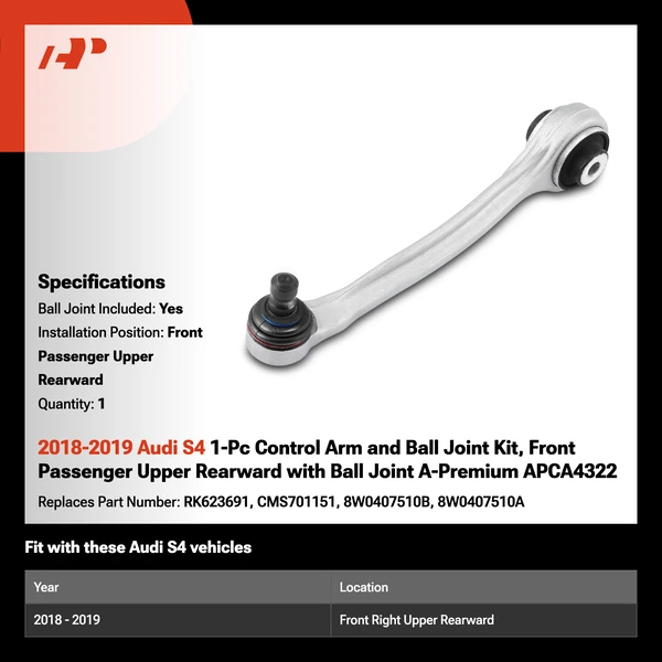 2018-2019 Audi S4 1-Pc Control Arm and Ball Joint Kit, Front Passenger Upper Rearward with Ball Joint A-Premium APCA4322