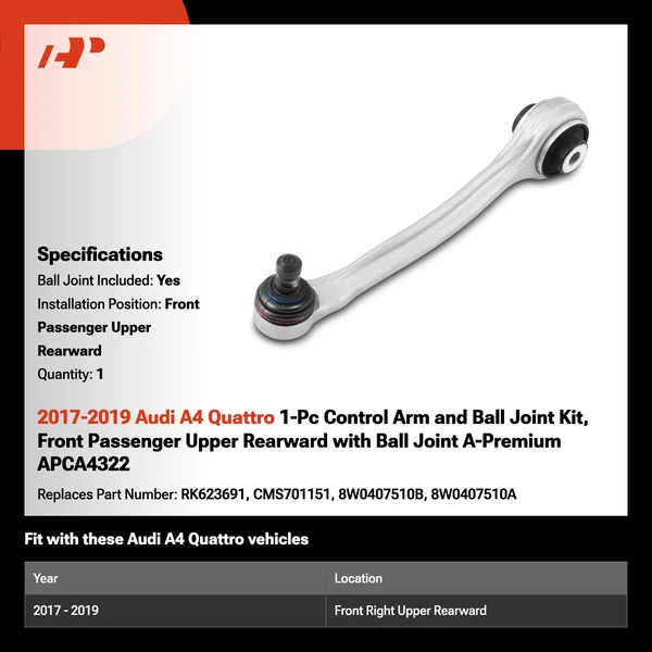 2017-2019 Audi A4 Quattro 1-Pc Control Arm and Ball Joint Kit, Front Passenger Upper Rearward with Ball Joint A-Premium APCA4322