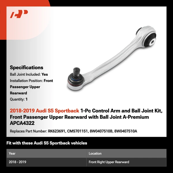 2018-2019 Audi S5 Sportback 1-Pc Control Arm and Ball Joint Kit, Front Passenger Upper Rearward with Ball Joint A-Premium APCA4322