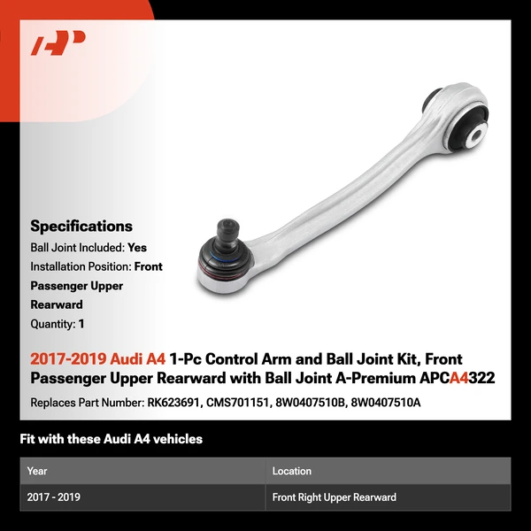 2017-2019 Audi A4 1-Pc Control Arm and Ball Joint Kit, Front Passenger Upper Rearward with Ball Joint A-Premium APCA4322
