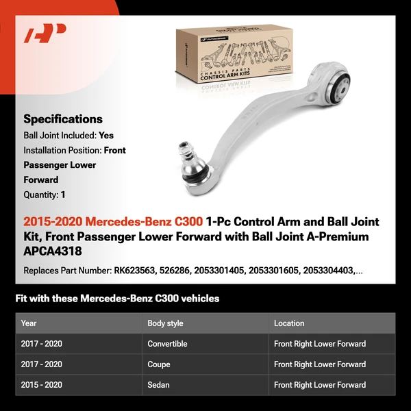 2015-2020 Mercedes-Benz C300 1-Pc Control Arm and Ball Joint Kit, Front Passenger Lower Forward with Ball Joint A-Premium APCA4318