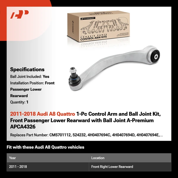 2011-2018 Audi A8 Quattro 1-Pc Control Arm and Ball Joint Kit, Front Passenger Lower Rearward with Ball Joint A-Premium APCA4326