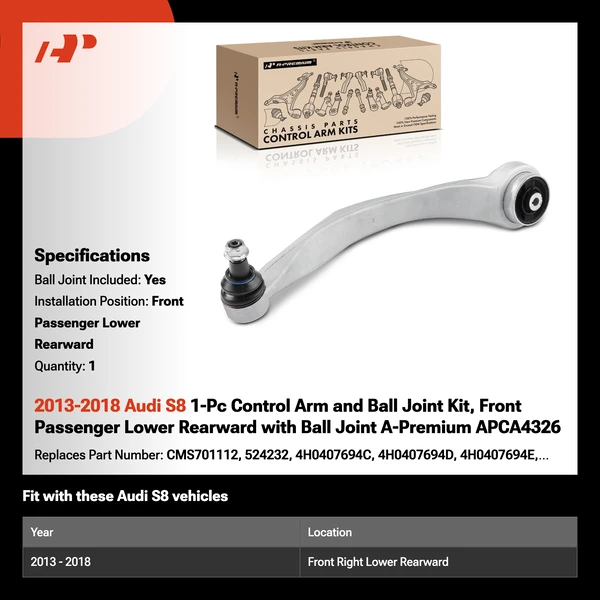 2013-2018 Audi S8 1-Pc Control Arm and Ball Joint Kit, Front Passenger Lower Rearward with Ball Joint A-Premium APCA4326