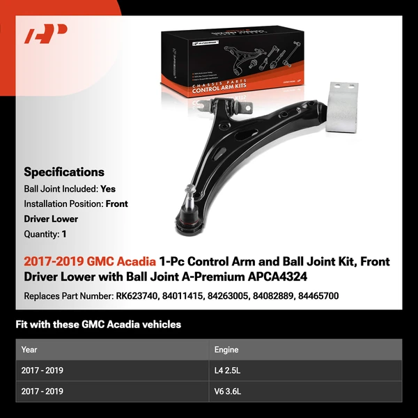 2017-2019 GMC Acadia 1-Pc Control Arm and Ball Joint Kit, Front Driver Lower with Ball Joint A-Premium APCA4324