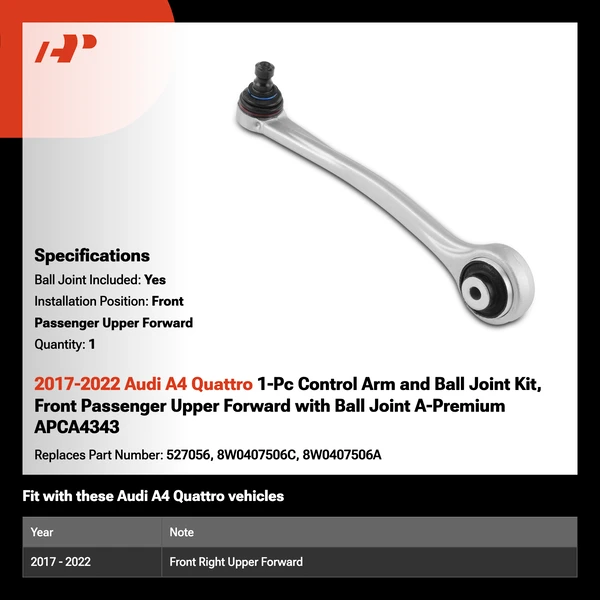 2017-2022 Audi A4 Quattro 1-Pc Control Arm and Ball Joint Kit, Front Passenger Upper Forward with Ball Joint A-Premium APCA4343