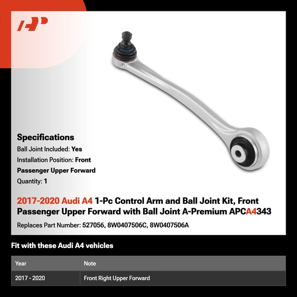 2017-2020 Audi A4 1-Pc Control Arm and Ball Joint Kit, Front Passenger Upper Forward with Ball Joint A-Premium APCA4343