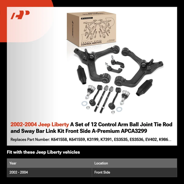 2002-2004 Jeep Liberty A Set of 12 Control Arm Ball Joint Tie Rod and Sway Bar Link Kit Front Side A-Premium APCA3299