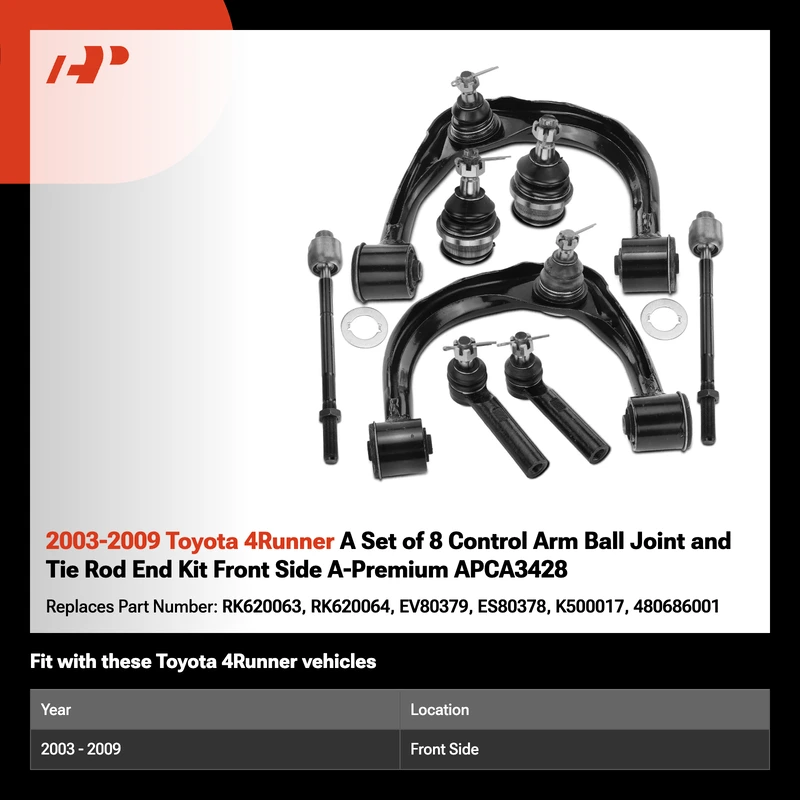 2003-2009 Toyota 4Runner A Set of 8 Control Arm Ball Joint and Tie Rod End Kit Front Side A-Premium APCA3428