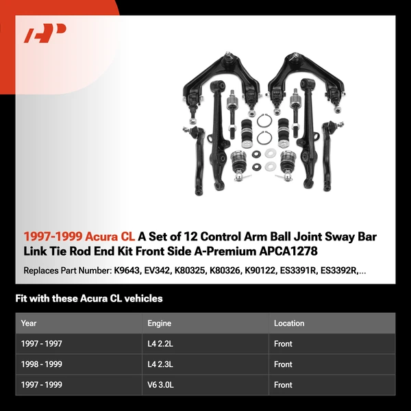 1997-1999 Acura CL A Set of 12 Control Arm Ball Joint Sway Bar Link Tie Rod End Kit Front Side A-Premium APCA1278