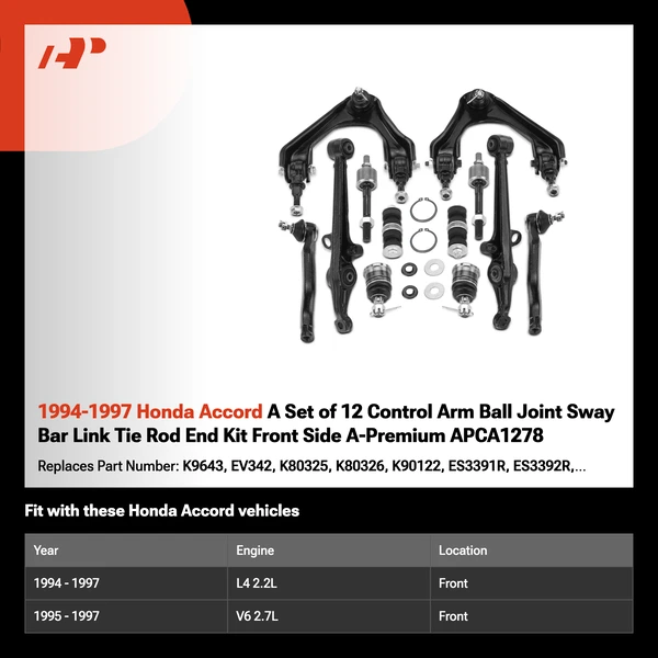 1994-1997 Honda Accord A Set of 12 Control Arm Ball Joint Sway Bar Link Tie Rod End Kit Front Side A-Premium APCA1278