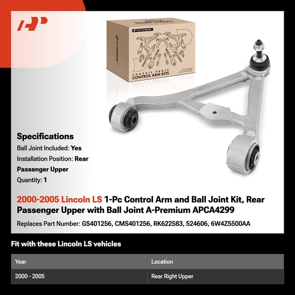 2000-2005 Lincoln LS 1-Pc Control Arm and Ball Joint Kit, Rear Passenger Upper with Ball Joint A-Premium APCA4299