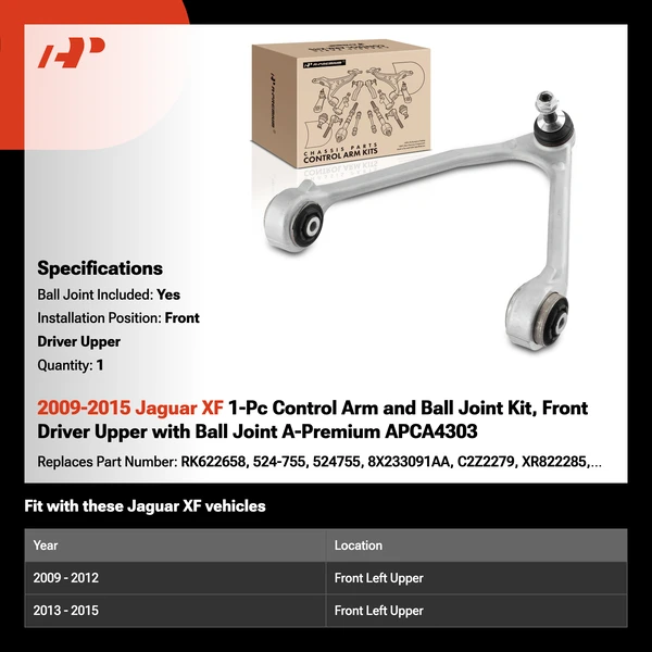 2009-2015 Jaguar XF 1-Pc Control Arm and Ball Joint Kit, Front Driver Upper with Ball Joint A-Premium APCA4303