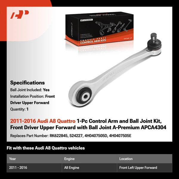 2011-2016 Audi A8 Quattro 1-Pc Control Arm and Ball Joint Kit, Front Driver Upper Forward with Ball Joint A-Premium APCA4304