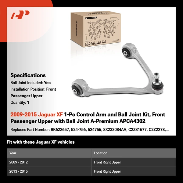 2009-2015 Jaguar XF 1-Pc Control Arm and Ball Joint Kit, Front Passenger Upper with Ball Joint A-Premium APCA4302