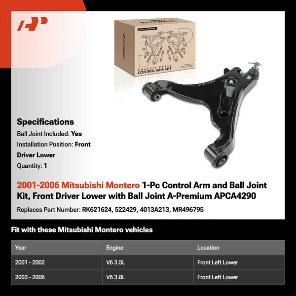 2001-2006 Mitsubishi Montero 1-Pc Control Arm and Ball Joint Kit, Front Driver Lower with Ball Joint A-Premium APCA4290