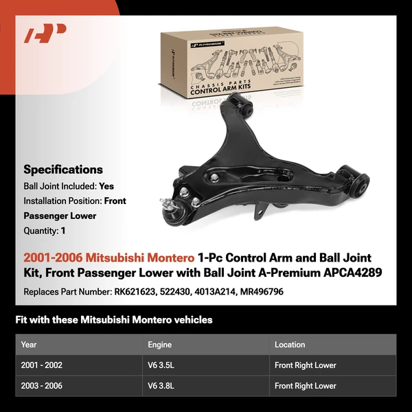 2001-2006 Mitsubishi Montero 1-Pc Control Arm and Ball Joint Kit, Front Passenger Lower with Ball Joint A-Premium APCA4289