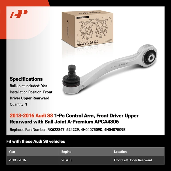 2013-2016 Audi S8 1-Pc Control Arm, Front Driver Upper Rearward with Ball Joint A-Premium APCA4306