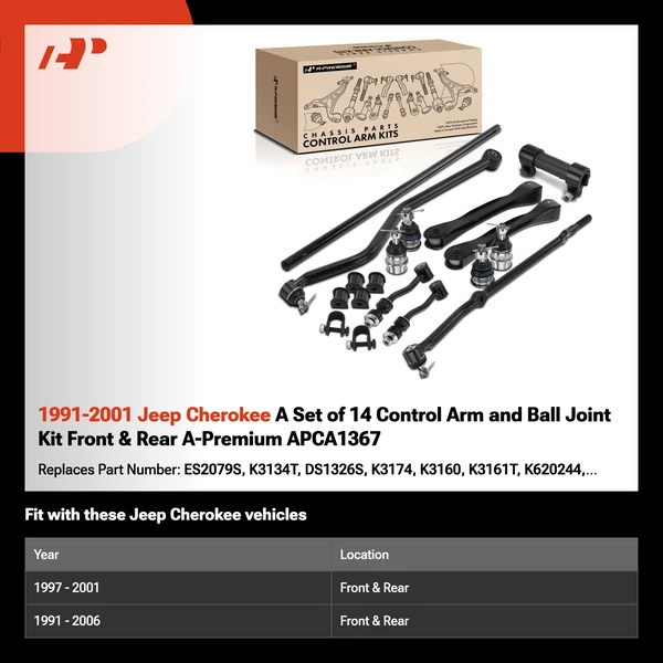 1991-2001 Jeep Cherokee A Set of 14 Control Arm and Ball Joint Kit Front & Rear A-Premium APCA1367