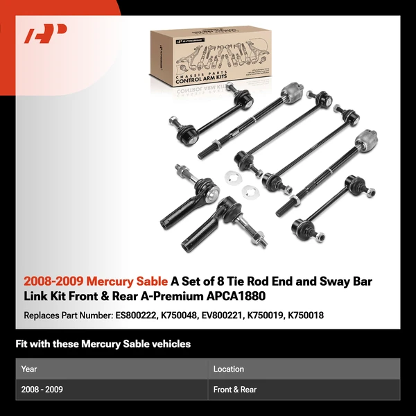 2008-2009 Mercury Sable A Set of 8 Tie Rod End and Sway Bar Link Kit Front & Rear A-Premium APCA1880