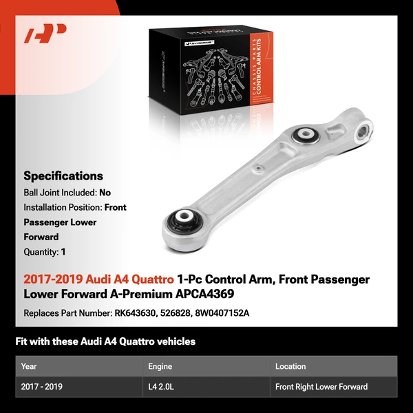 2017-2019 Audi A4 Quattro 1-Pc Control Arm, Front Passenger Lower Forward A-Premium APCA4369