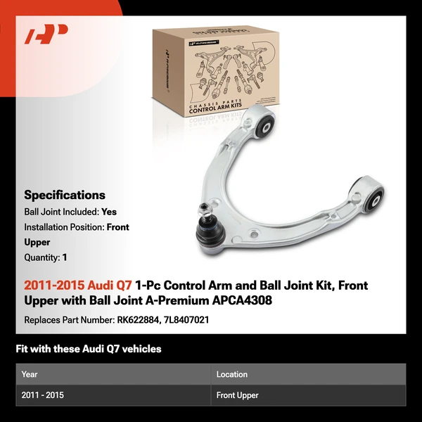 2011-2015 Audi Q7 1-Pc Control Arm and Ball Joint Kit, Front Upper with Ball Joint A-Premium APCA4308