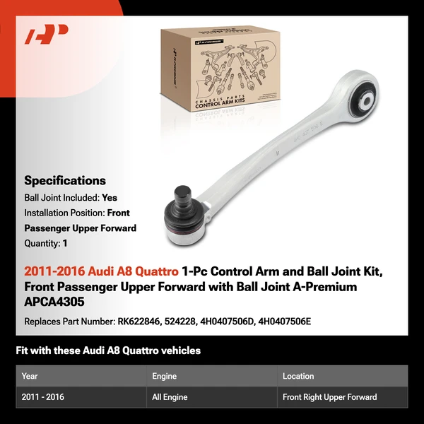 2011-2016 Audi A8 Quattro 1-Pc Control Arm and Ball Joint Kit, Front Passenger Upper Forward with Ball Joint A-Premium APCA4305