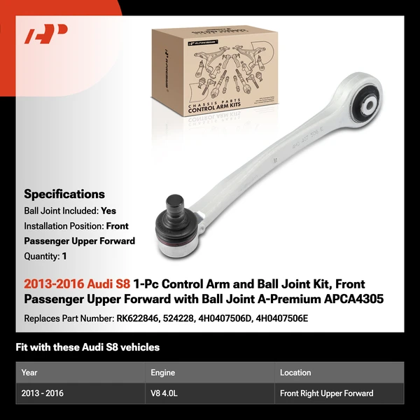 2013-2016 Audi S8 1-Pc Control Arm and Ball Joint Kit, Front Passenger Upper Forward with Ball Joint A-Premium APCA4305
