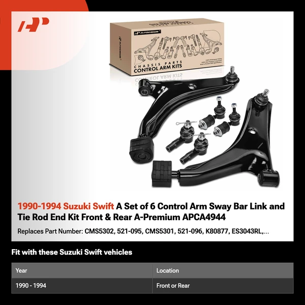 1990-1994 Suzuki Swift A Set of 6 Control Arm Sway Bar Link and Tie Rod End Kit Front & Rear A-Premium APCA4944