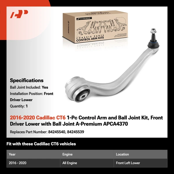 2016-2020 Cadillac CT6 1-Pc Control Arm and Ball Joint Kit, Front Driver Lower with Ball Joint A-Premium APCA4370
