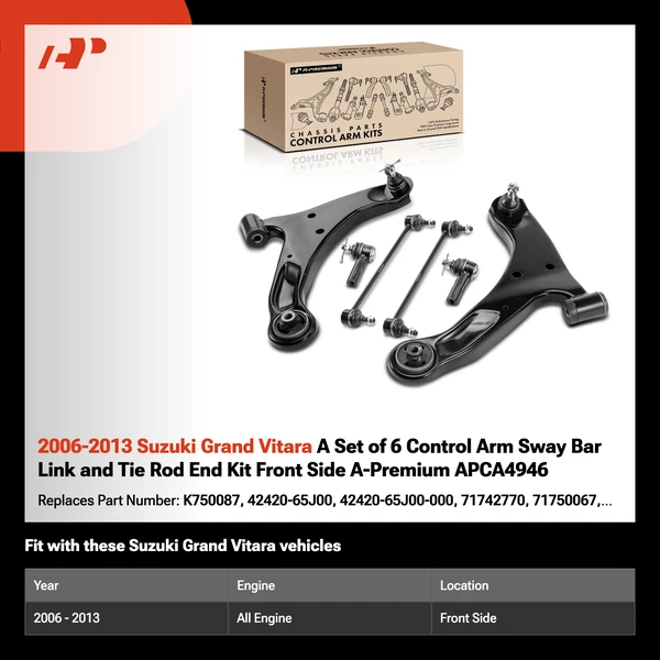 2006-2013 Suzuki Grand Vitara A Set of 6 Control Arm Sway Bar Link and Tie Rod End Kit Front Side A-Premium APCA4946