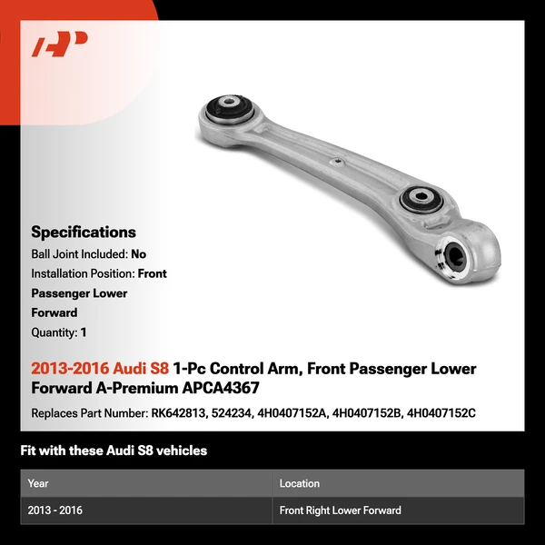 2013-2016 Audi S8 1-Pc Control Arm, Front Passenger Lower Forward A-Premium APCA4367