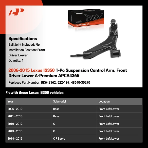 2006-2015 Lexus IS350 1-Pc Suspension Control Arm, Front Driver Lower A-Premium APCA4365