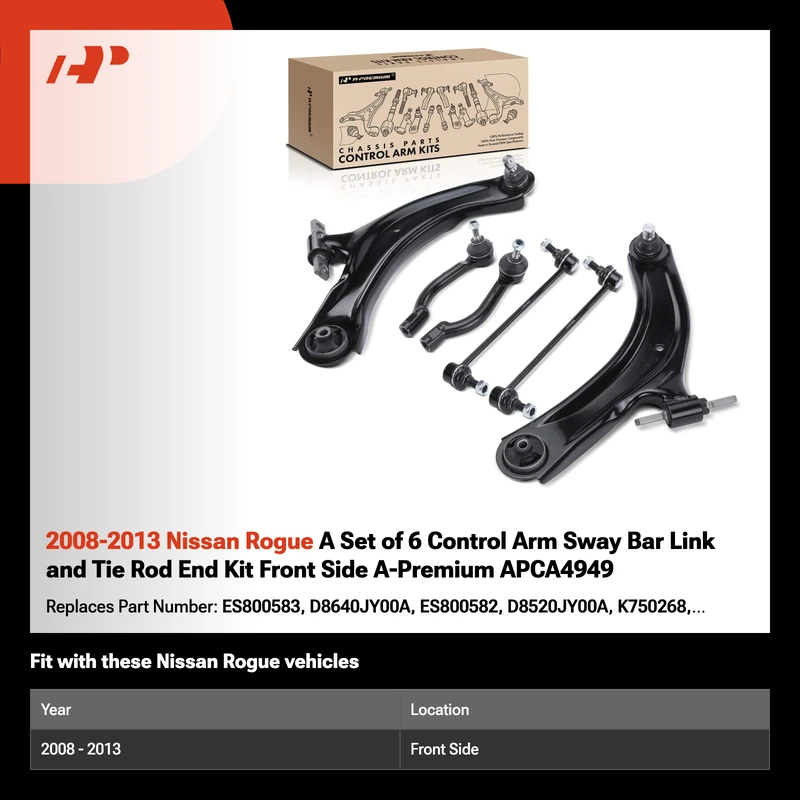 2008-2013 Nissan Rogue A Set of 6 Control Arm Sway Bar Link and Tie Rod End Kit Front Side A-Premium APCA4949