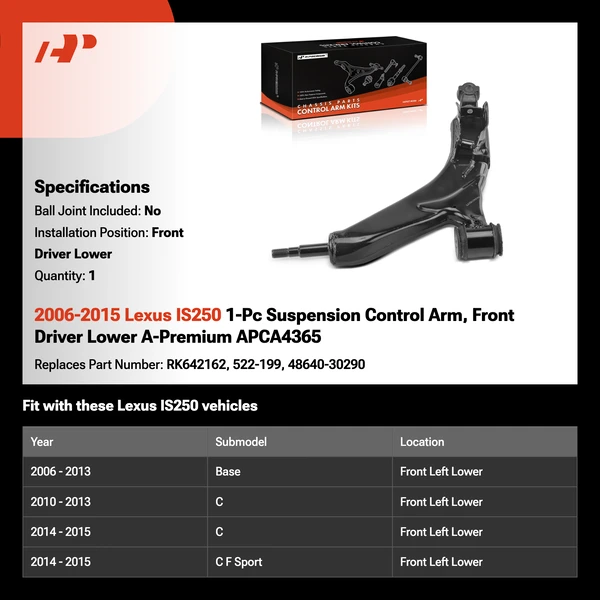 2006-2015 Lexus IS250 1-Pc Suspension Control Arm, Front Driver Lower A-Premium APCA4365
