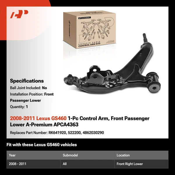 2008-2011 Lexus GS460 1-Pc Control Arm, Front Passenger Lower A-Premium APCA4363