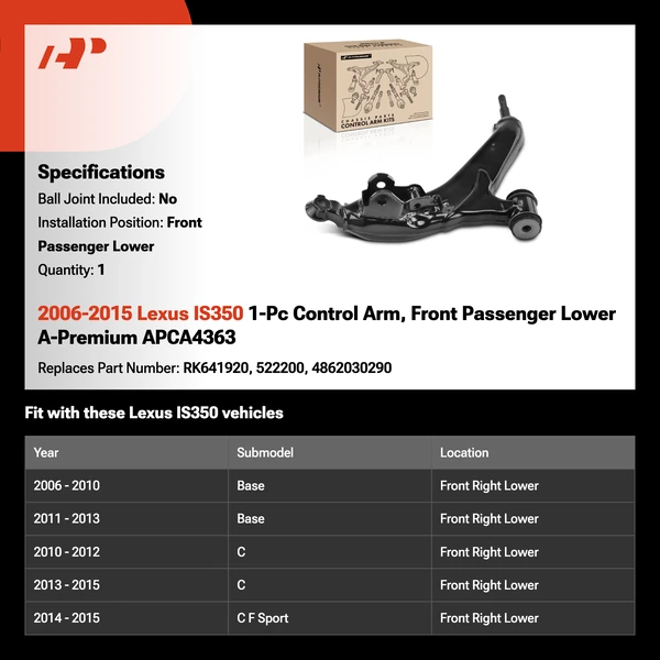 2006-2015 Lexus IS350 1-Pc Control Arm, Front Passenger Lower A-Premium APCA4363