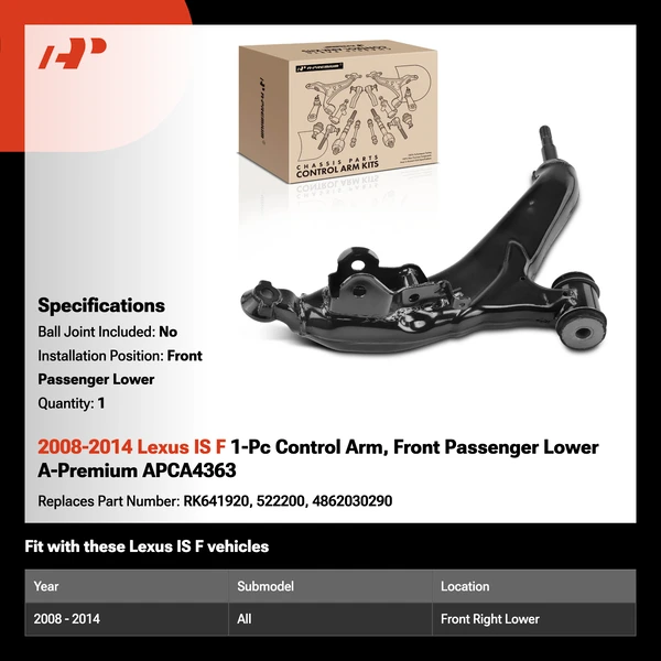 2008-2014 Lexus IS F 1-Pc Control Arm, Front Passenger Lower A-Premium APCA4363