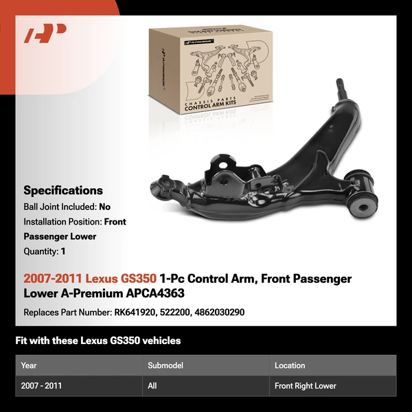 2007-2011 Lexus GS350 1-Pc Control Arm, Front Passenger Lower A-Premium APCA4363