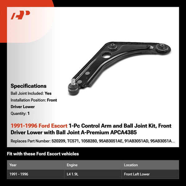 1991-1996 Ford Escort 1-Pc Control Arm and Ball Joint Kit, Front Driver Lower with Ball Joint A-Premium APCA4385