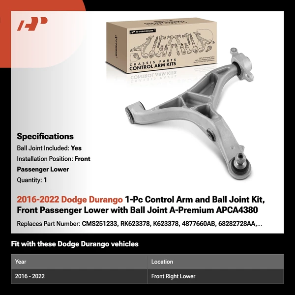 2016-2022 Dodge Durango 1-Pc Control Arm and Ball Joint Kit, Front Passenger Lower with Ball Joint A-Premium APCA4380