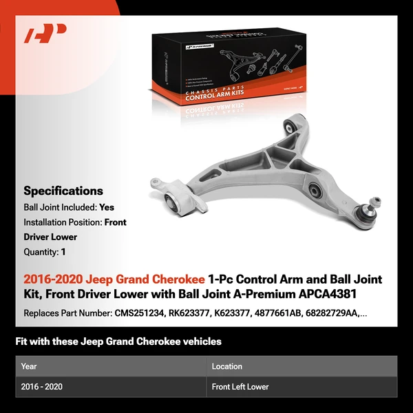 2016-2020 Jeep Grand Cherokee 1-Pc Control Arm and Ball Joint Kit, Front Driver Lower with Ball Joint A-Premium APCA4381
