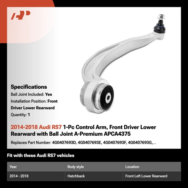 2014-2018 Audi RS7 1-Pc Control Arm, Front Driver Lower Rearward with Ball Joint A-Premium APCA4375