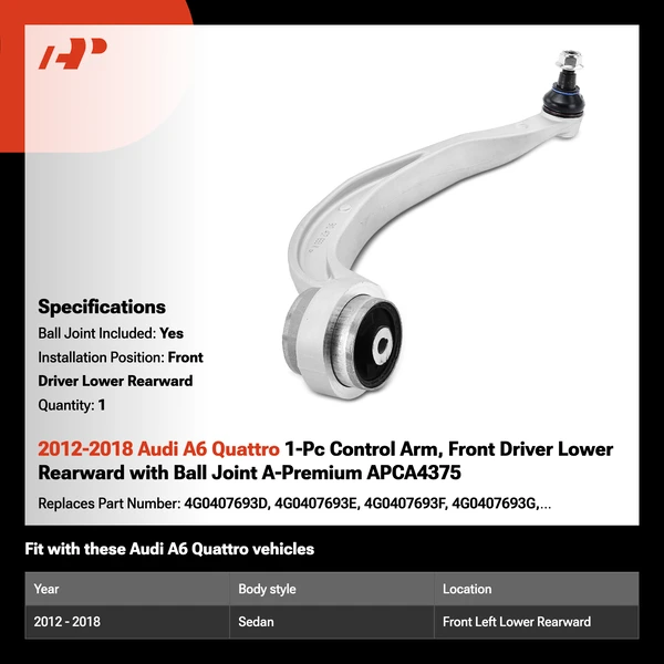 2012-2018 Audi A6 Quattro 1-Pc Control Arm, Front Driver Lower Rearward with Ball Joint A-Premium APCA4375