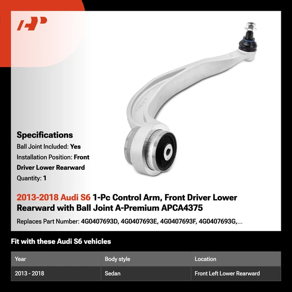 2013-2018 Audi S6 1-Pc Control Arm, Front Driver Lower Rearward with Ball Joint A-Premium APCA4375