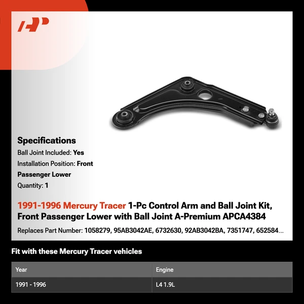 1991-1996 Mercury Tracer 1-Pc Control Arm and Ball Joint Kit, Front Passenger Lower with Ball Joint A-Premium APCA4384