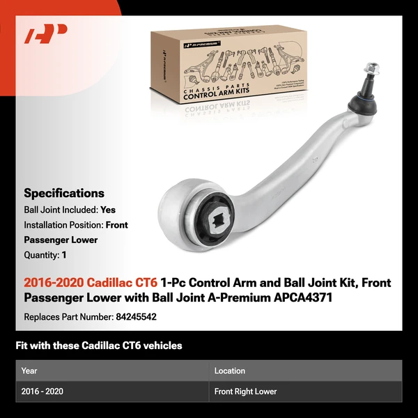 2016-2020 Cadillac CT6 1-Pc Control Arm and Ball Joint Kit, Front Passenger Lower with Ball Joint A-Premium APCA4371