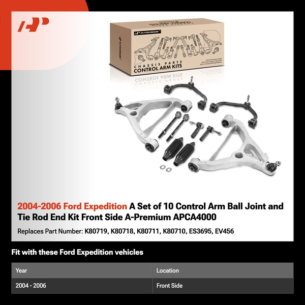 2004-2006 Ford Expedition A Set of 10 Control Arm Ball Joint and Tie Rod End Kit Front Side A-Premium APCA4000